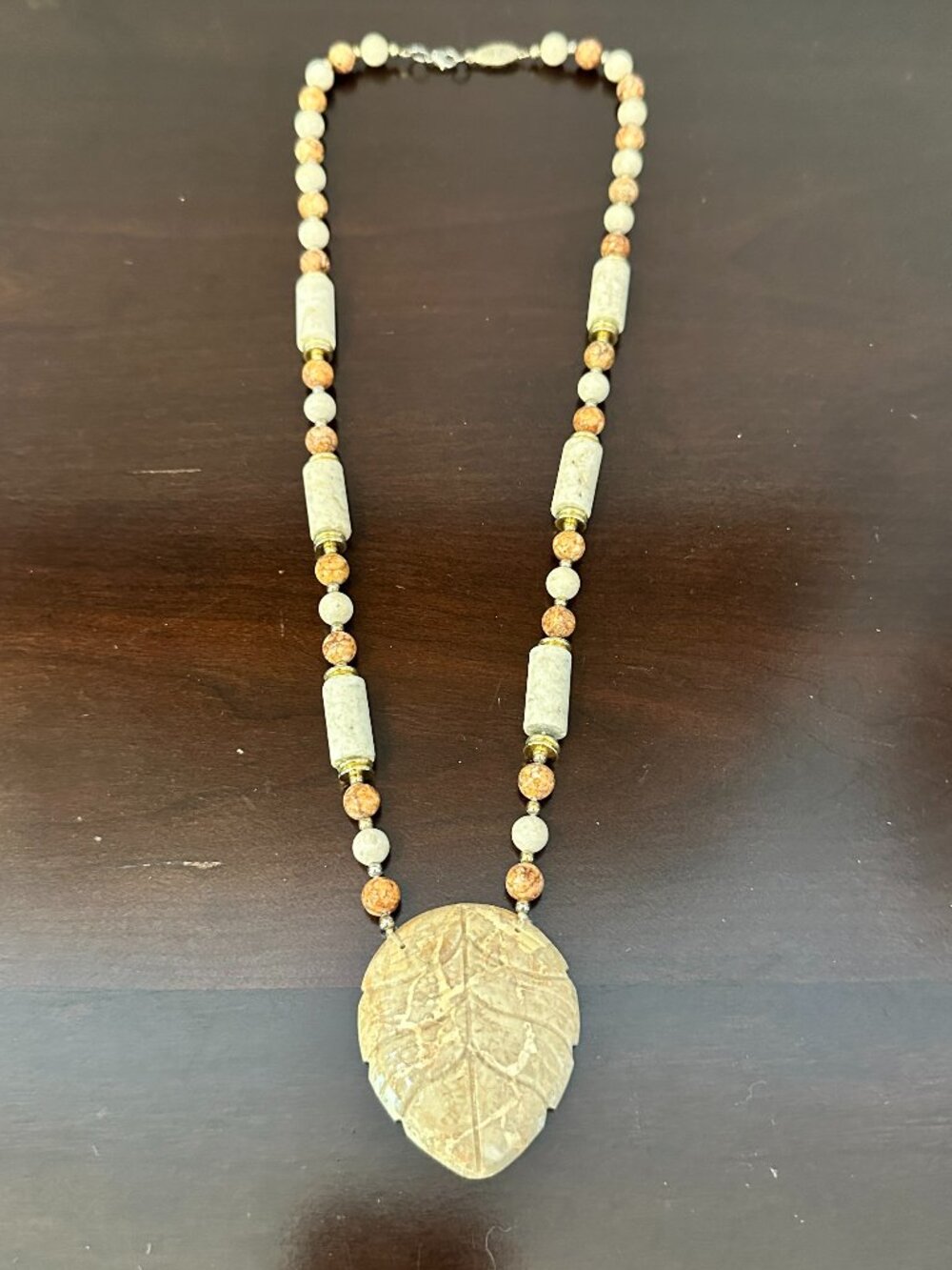 Vintage Necklace Carved Stone Leaf Pendant Marble Beads